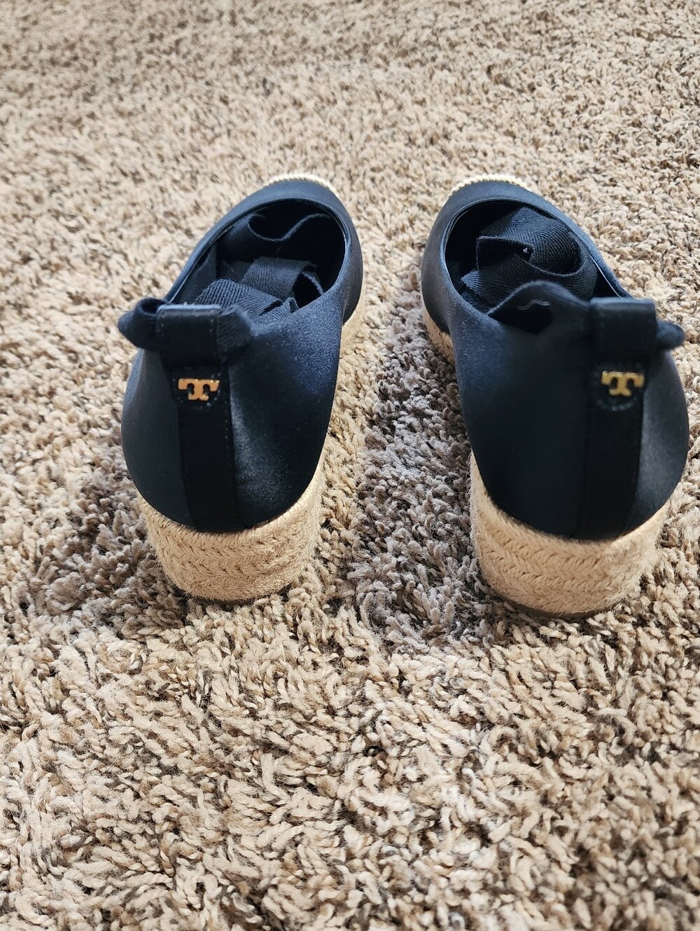 Tory Burch Black Satin Lace Up Espadrille Wedges Flats Size 7 Preppy - Picture 9 of 10
